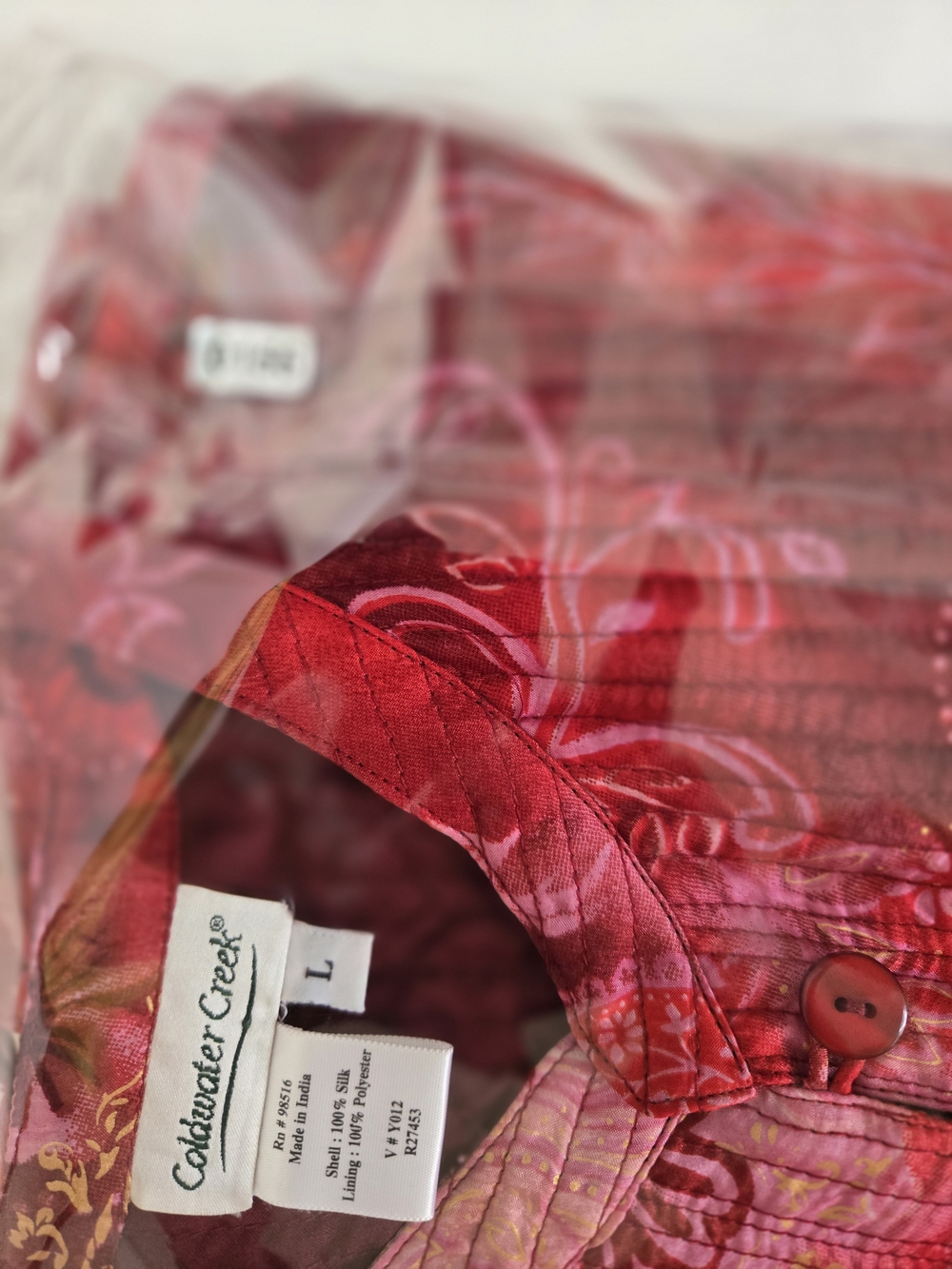 Coldwater Creek Red Floral Quilted Silk Shacket - Mandarin Collar Women's Size L - Picture 8 of 8